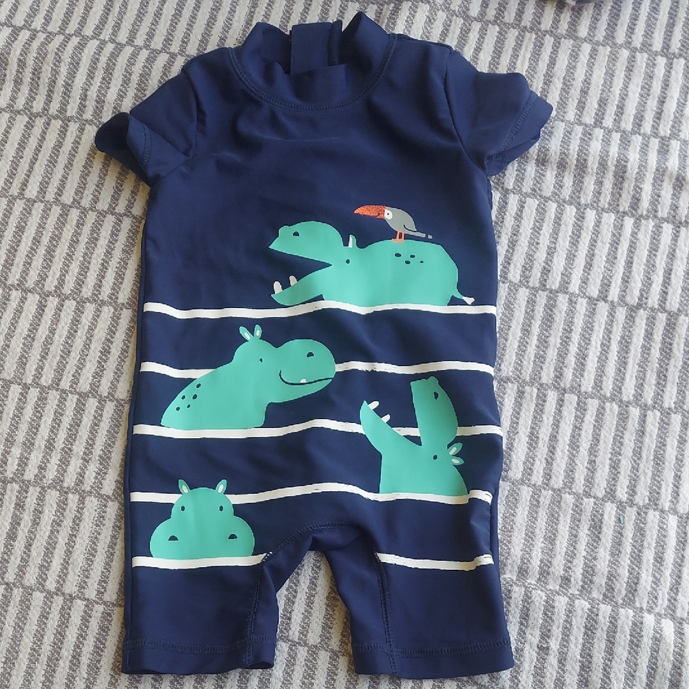 Carter's Navy Blue Baby  One Piece Swimsuit with Green Hippos SZ 6 months